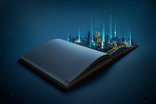 Night Beautiful Scene Of Modern City Skyline Pop Up In The Open Book Pages With Smart Big Data  Wireless Connections Iot Automation System .