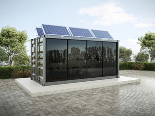 Container house with solar panels on the roof 3D render. © P11irom