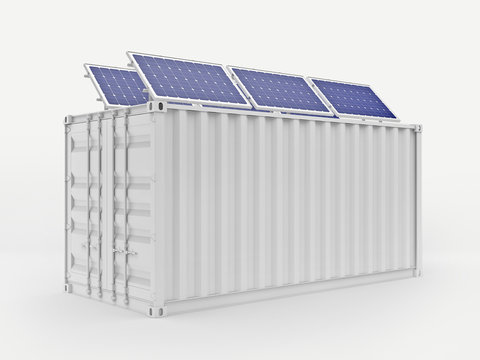 Container box with solar panels on the roof 3D render /isolated