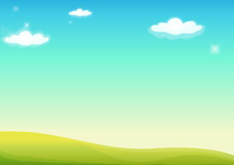 Background Nature landscape with sky, hills and grass on foreground.