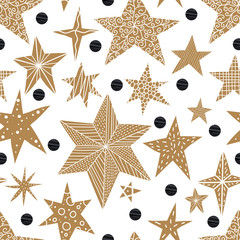 Gold stars and polka dots. Seamless vector pattern. Seamless pattern can be used for wallpaper, pattern fills, web page background, surface textures.