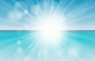 Fototapeta premium Blurred summer beach sky, sea, ocean and sand landscape for background and wallpaper. Summer background vector illustration. Lens Flare.