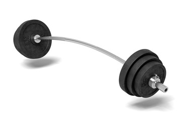 Obraz na płótnie Canvas 3d rendering of a single metal barbell bent to both sides because of very heavy weights added on it.