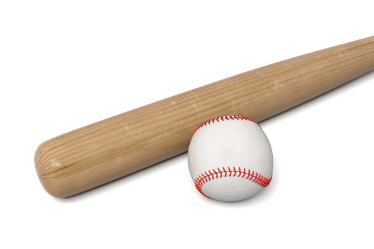 3d rendering of a wooden baseball bat with black wrap on the handle lying near a white leather ball.
