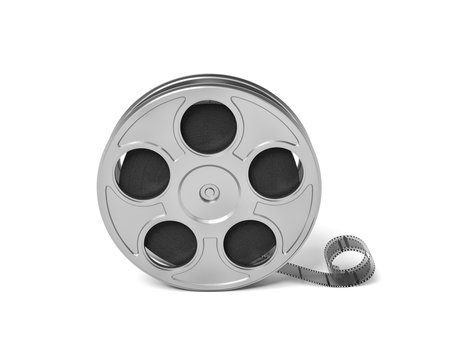 3d rendering of a single movie reel with some film tailing after it in a front view on a white background.