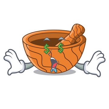 Money eye wooden kitchen mortar isolated on mascot