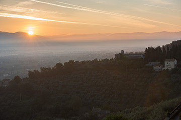 sunrise over town in Assisi Italy
