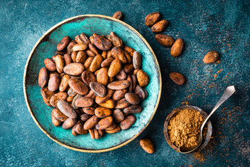 Cocoa beans and cocoa powder. Cocoa background