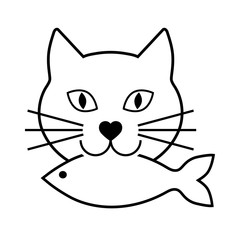 cat head with fish in mouth on white background
