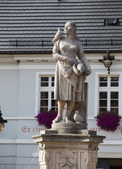Obraz premium Sculpture of a girl with pigeons near the town hall of the city on the square Bohaterow Nysy in Wlen in Poland 