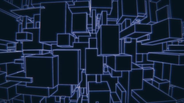 Vertically moving camera on a vintage 3d blue vector background city loop