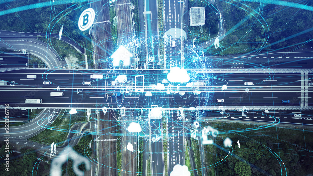 Poster social infrastructure and communication technology concept. iot(internet of things). autonomous tran