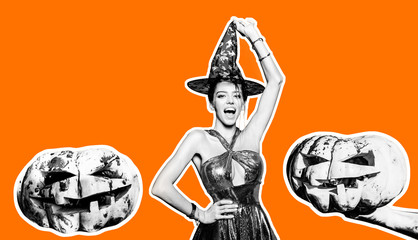 The Most Popular Candy for Halloween. Sexy Models Posing on Halloween background. Jack-o-lanterns. Halloween background. Halloween pumpkin head jack lantern with burning candles.
