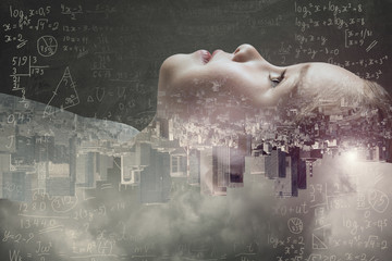 Cute girl with formulas and modern city on the background