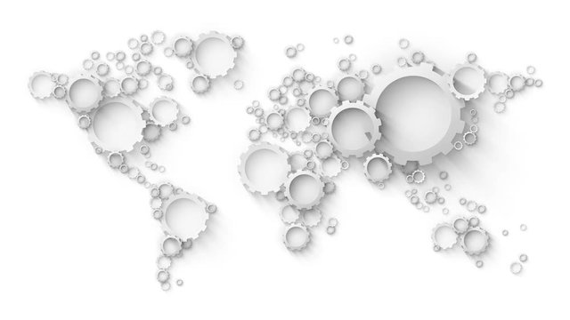 abstract industrial concept world map of white cog wheels on grey background loop animation
