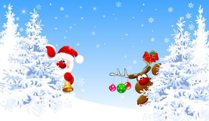 Santa Claus and deer in the winter forest