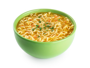 Quick chicken noodle Soup. Bowl of instant noodles isolated on white background.