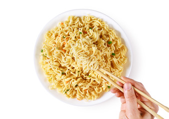 Plate of instant noodles isolated on white background.