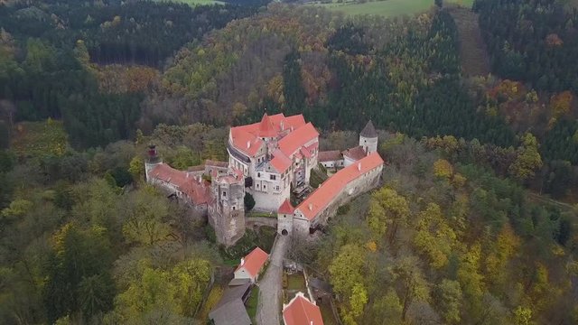 Castle Pernstejn in Czech Republic - aerial view - travel and architecture video