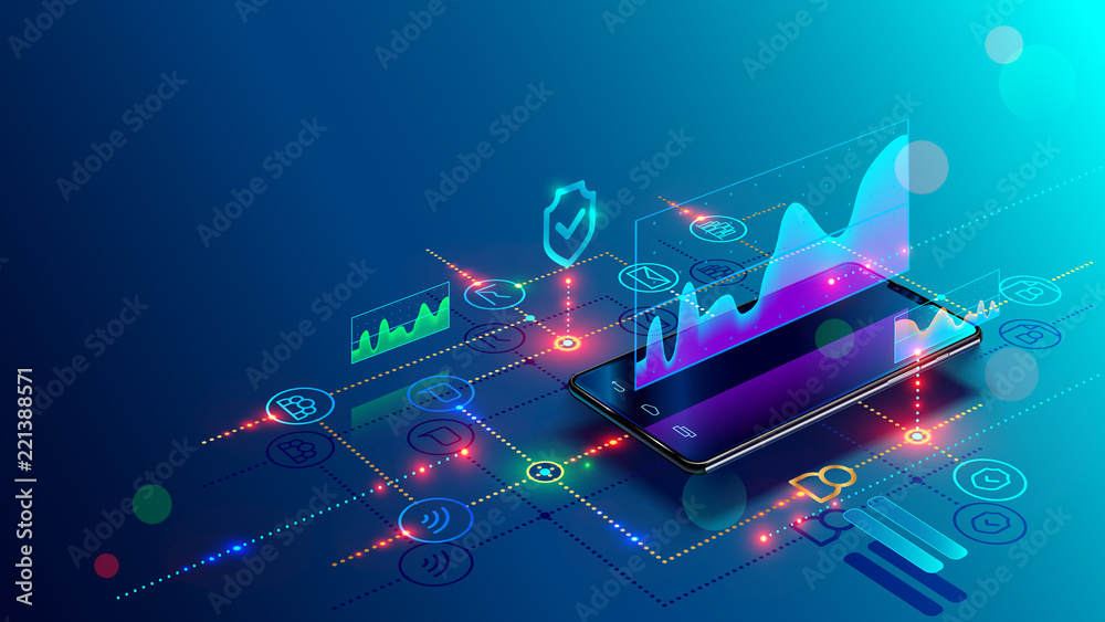 Aufkleber Application of Smartphone with business graph and analytics data on isometric mobile phone. Analysis trends and financial strategy by using infographic chart. Vector concept illustration