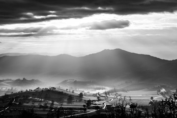 Sunrays coming over a valley in Umbria (Italy) with some plants in the foreground