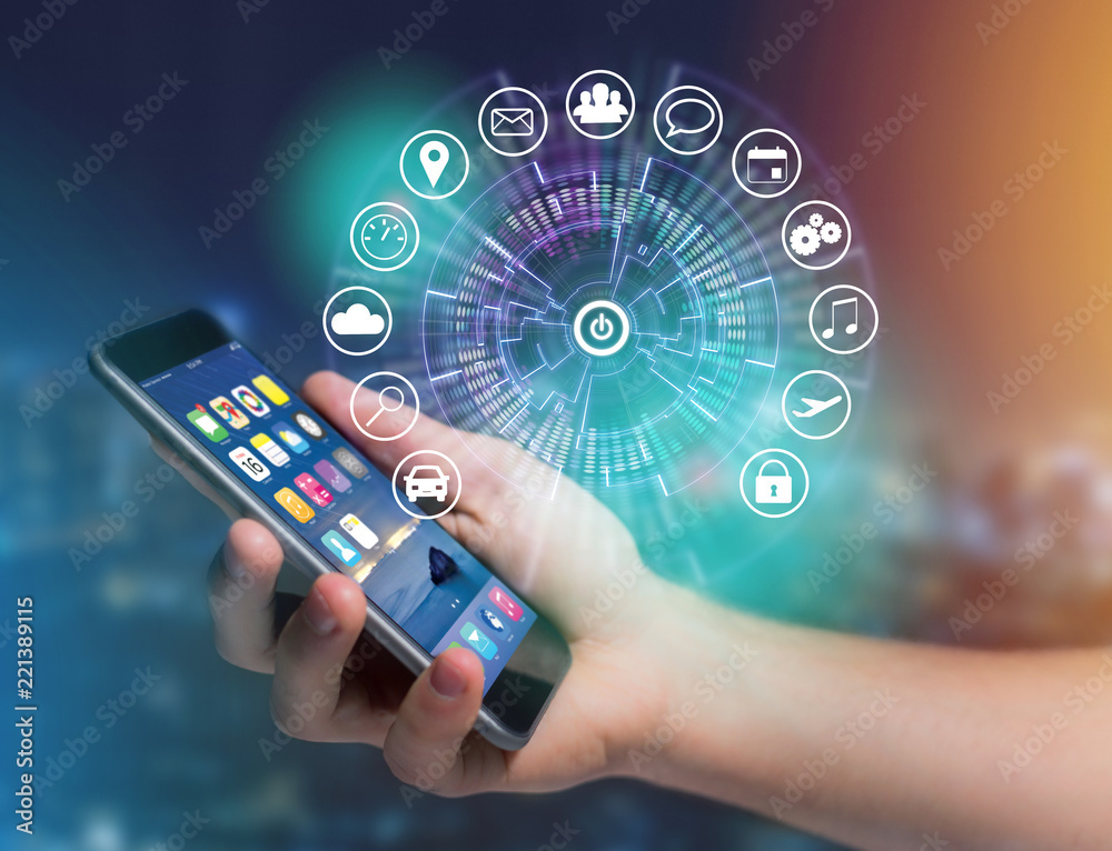 Poster home button of a technology interface surrounded by application - technology app concept