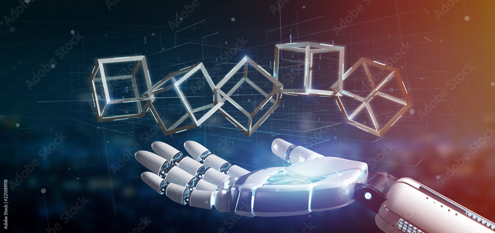 Poster cyborg hand holding a blockchain cube 3d rendering