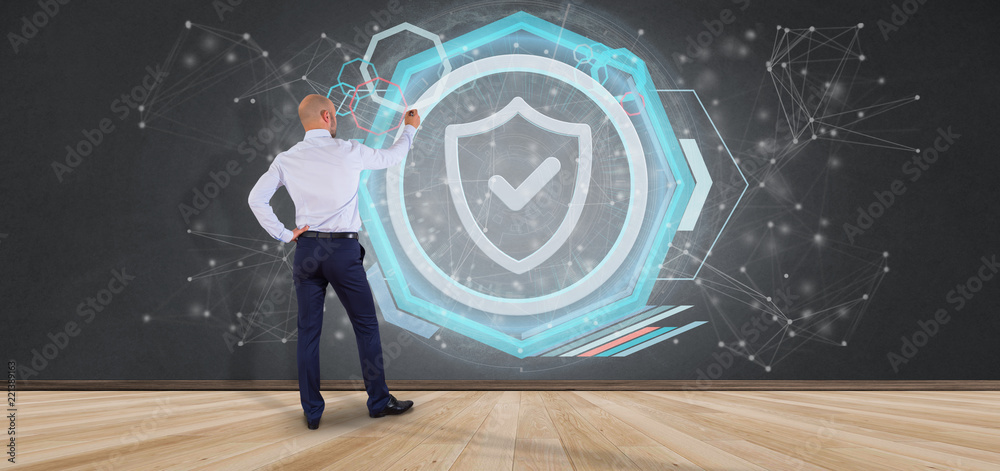 Poster man holding a shield web security concept 3d rendering