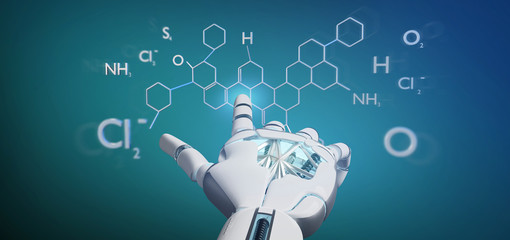 Cyborg hand holding a  molecule structure 3d rendering