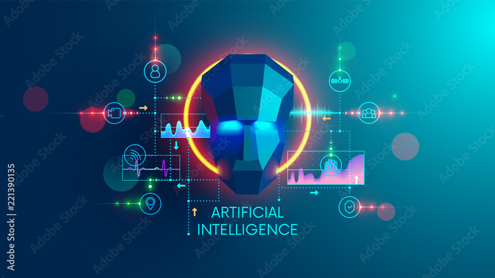 Aufkleber Artificial intelligence concept. digital technology and machine learning cyber mind. AI analysis the science or social data and computing future forecast.