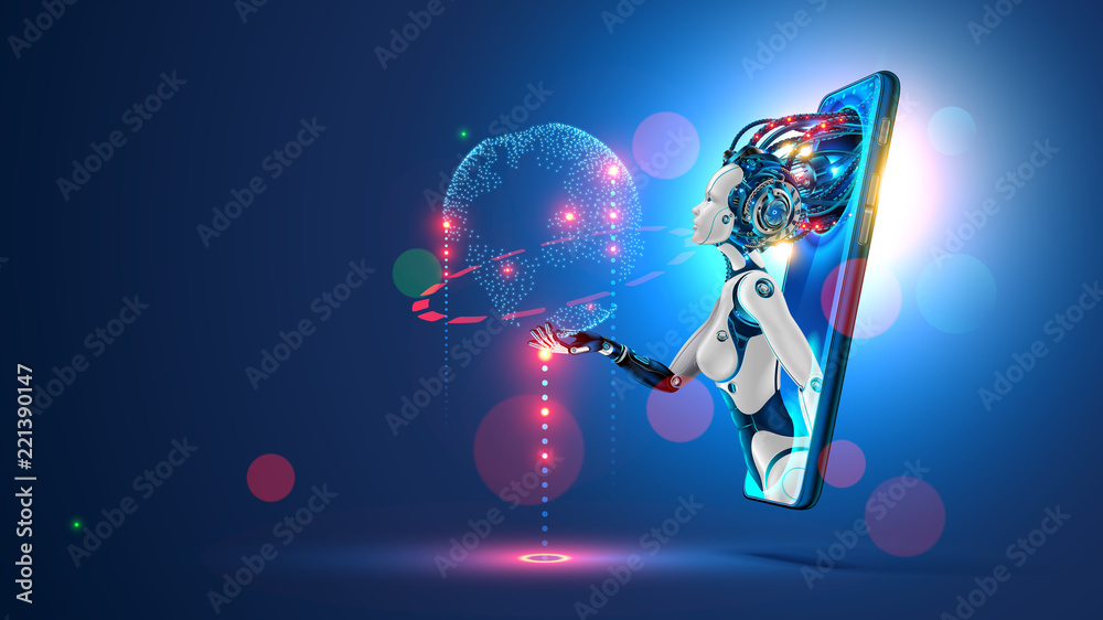 Poster Artificial intelligence provide access to information and data in online networks via smartphone. AI in the form of woman cyborg or bot coming out of the screen phone and offers to use digital mind