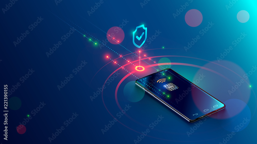 Poster Mobile payment concept isometric banner. Security and protection contactless payment or via mobile phone with nfc chip. Shopping through smartphone with near field communication card