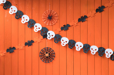 happy orange Halloween background with skeleton