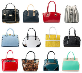 Handbags collection isolated on white background.Front view.
