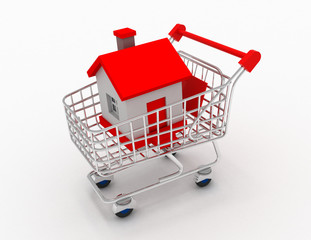 3D house in a shopping cart isolated on white in the design of the information related to the purchase of Real Estate. 3d illustration