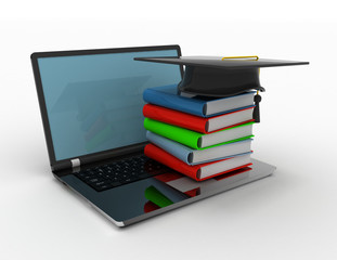 Books and graduation cap on laptop- e-learning 3d concept in the design of related information to obtain knowledge on the Internet. 3d illustration