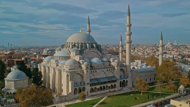 Suleymaniye (Ottoman Imperial) Mosque in Istanbul aerial shot
