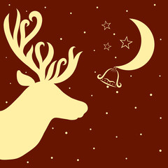 Christmas background with deer head, moon, bell and star