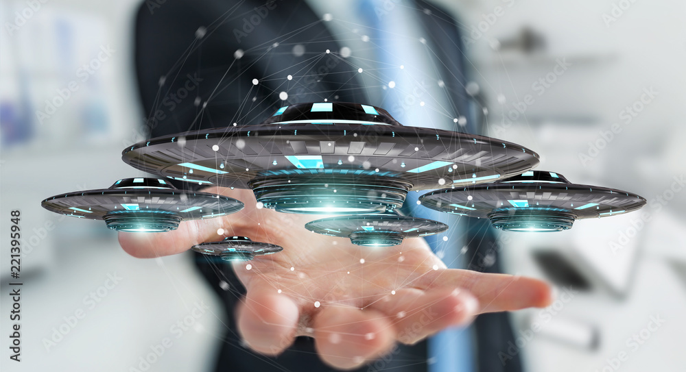 Poster businessman with retro ufo spaceship 3d rendering