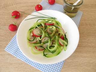 Spaghetti Gurkensalat aus Gemüsenudeln vom Spiralschneider und Radieschen