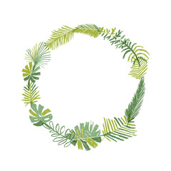 Tropical flower composition, hand drawn circle greenery botanical wreath. Vector illustration isolated on white background. Floral paradise, exotic plant leaf border