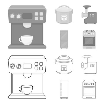 Multivarka, refrigerator, meat grinder, gas stove.Household set collection icons in outline,monochrome style vector symbol stock illustration web.