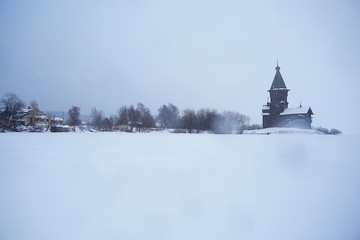 landscape in russian kizhi church winter view / winter season snowfall in landscape with church architecture