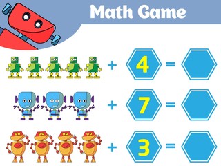 Mathematics educational game for children. Learning subtraction worksheet for kids, counting activity. Vector illustration Robot