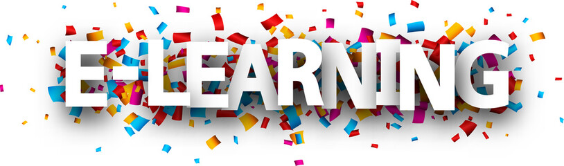 E-learning banner with colorful confetti.