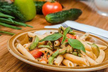 Traditional Uzbek oriental cuisine. Uzbek family table from different dishes for the New Year holiday. The background image is a top view.