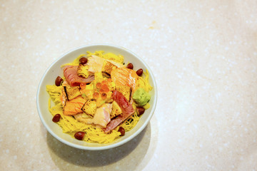 Fresh salmon and omelet, topped on japanese rice. Dongburi japanese healthy food. Asian clean and lean food. image for menu list, object and background.