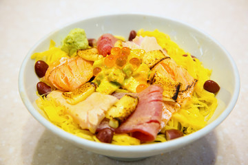 Fresh salmon and omelet, topped on japanese rice. Dongburi japanese healthy food. Asian clean and lean food. image for menu list, object and background.