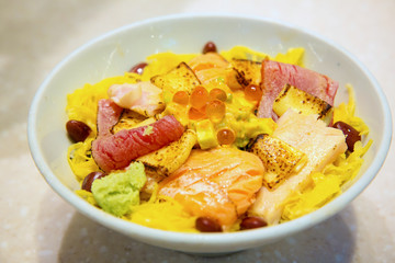 Fresh salmon and omelet, topped on japanese rice. Dongburi japanese healthy food. Asian clean and lean food. image for menu list, object and background.