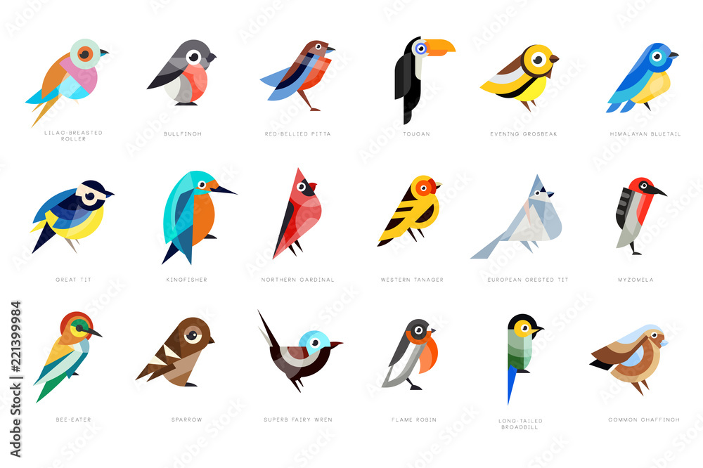 Poster Collection of birds, lilac breasted roller, bullfinch, red bellied pitta, great tit, kingfisher, northern cardinal, bee eater, sparrow, superb fairy vector Illustrations